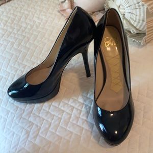 Joan and David black patent platform pumps